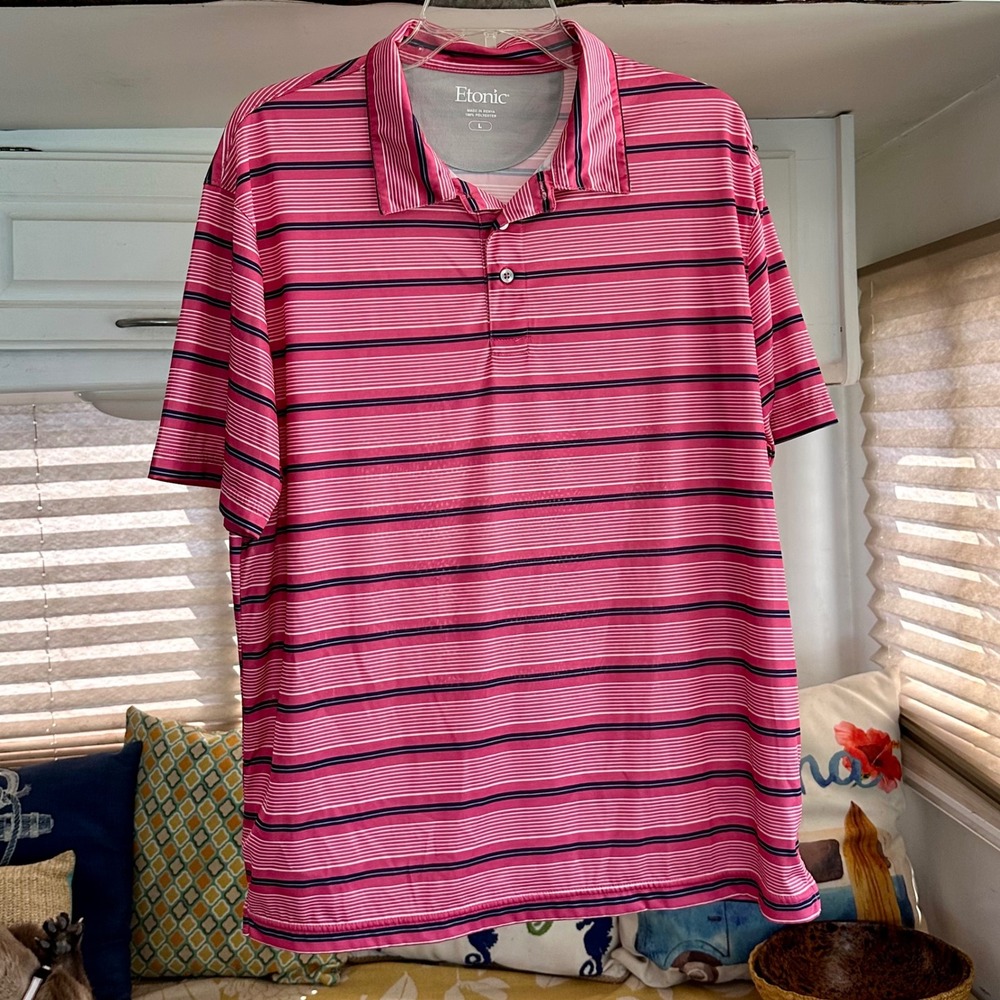 Etonic Mens Golf Polo Shirt Large Pink Navy Blue Striped Short Sleeve Activewear